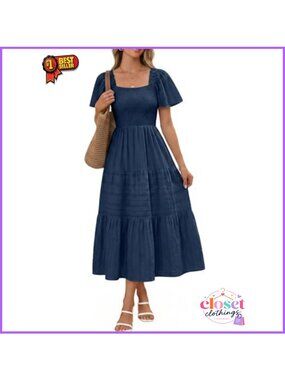 Smocked Boho Midi Dress Square Neck Flutter Sleeve A-Line